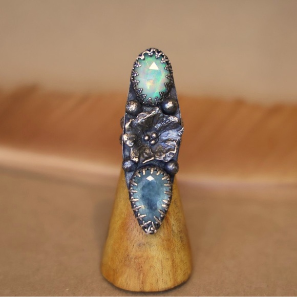 🦋Handmade Sterling Silver Opal Aquamarine Statement Ring - Picture 1 of 5